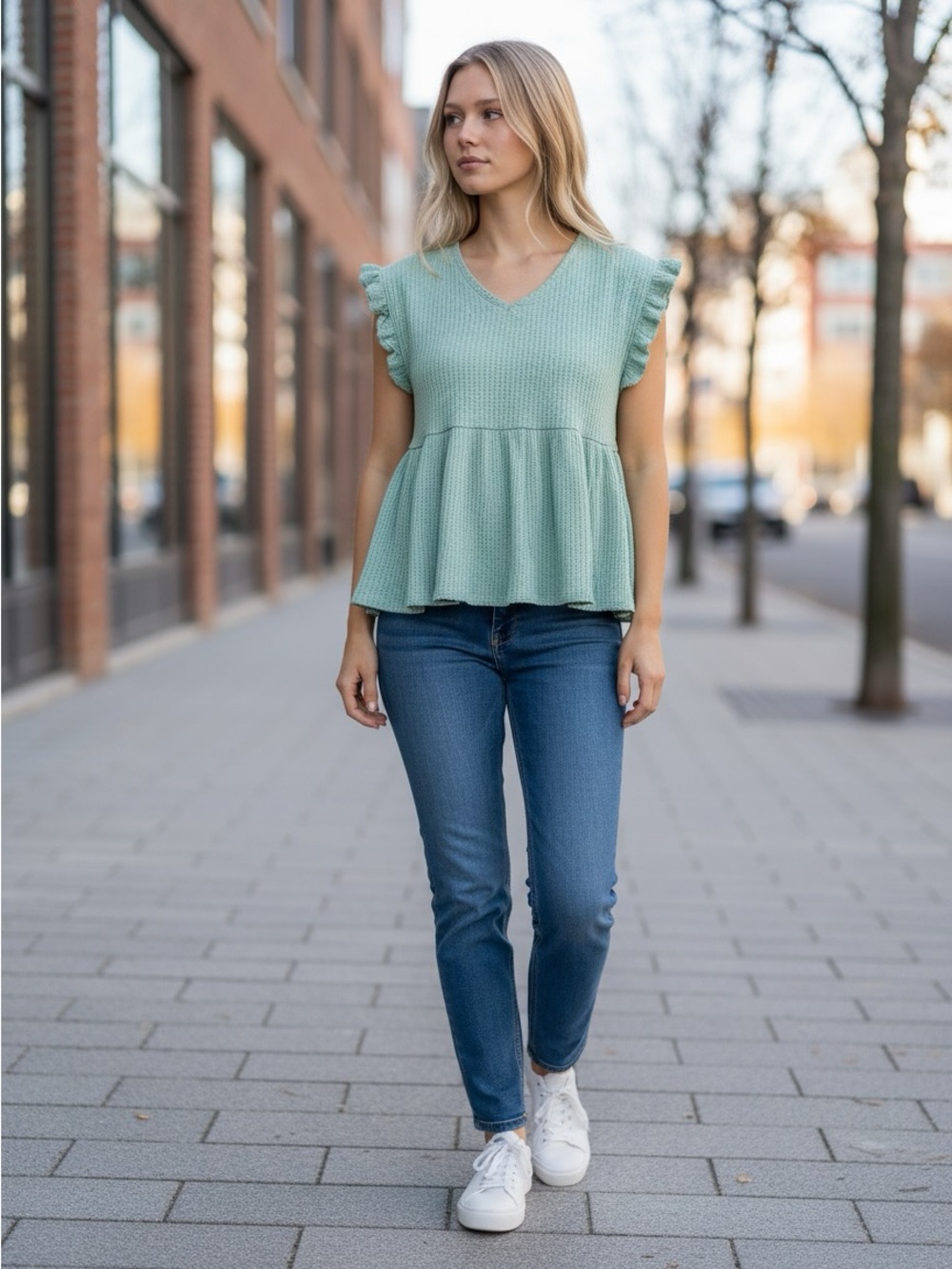 Alya Mint Green Waffle Knit Peplum Top